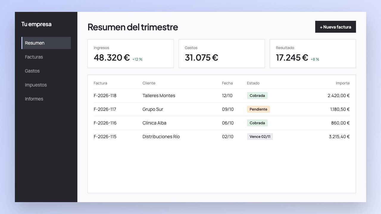 Pantalla de ejemplo de un programa de contabilidad con ingresos, gastos y facturas