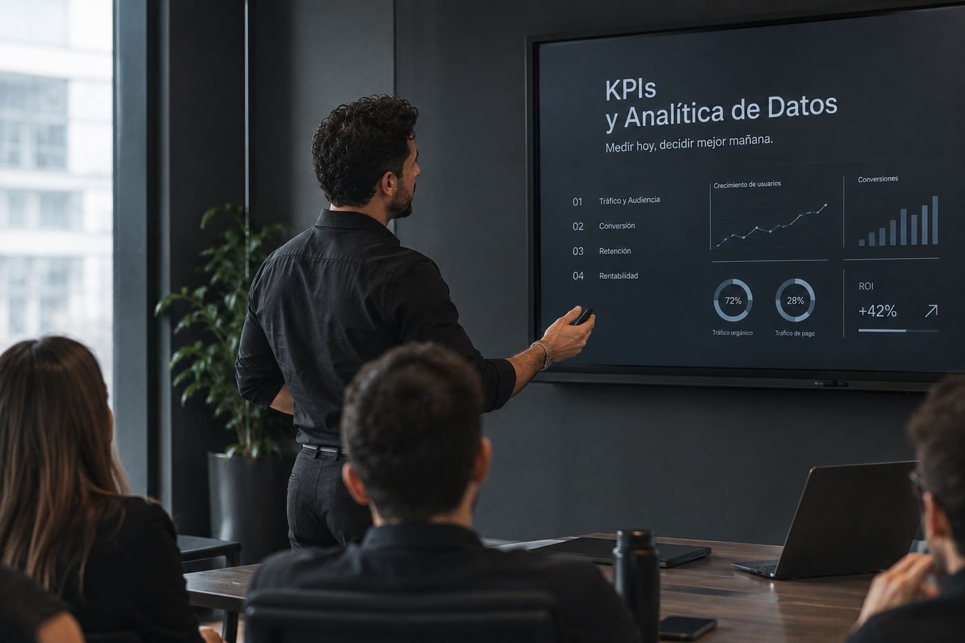 Alejandro Pedrosa, de espaldas, presentando KPIs y analítica de datos en una sala de reuniones