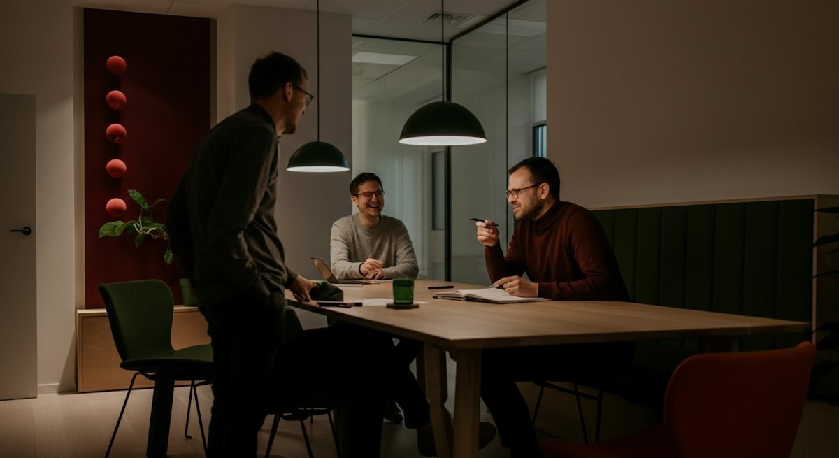 Tres profesionales conversando alrededor de una mesa de trabajo en una oficina