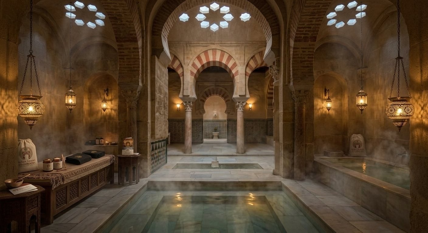 Interior de Baños Árabes de Córdoba con la identidad de marca aplicada al espacio