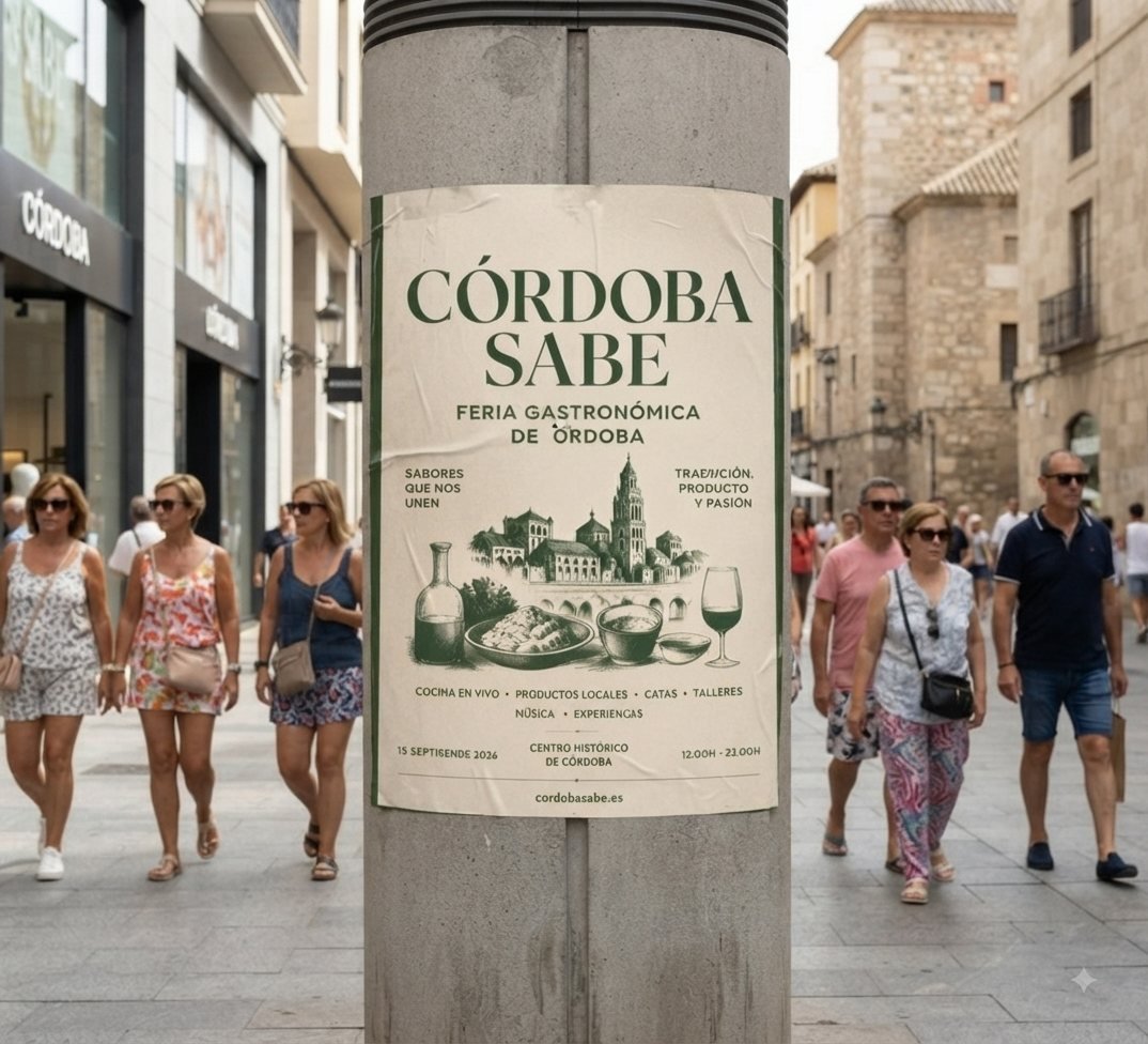 Cartel de la campaña de Córdoba Sabe pegado en una columna del centro histórico