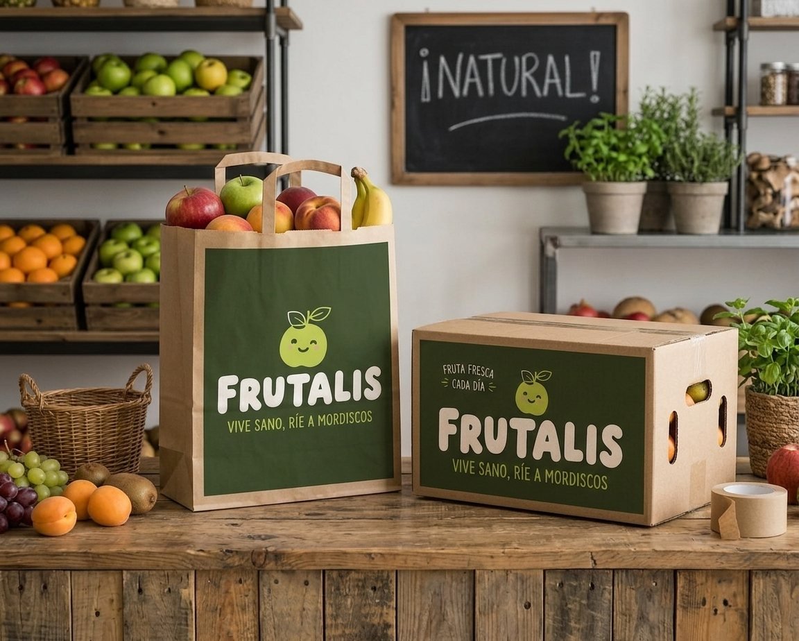 Identidad de Frutalis aplicada a bolsa y caja de packaging