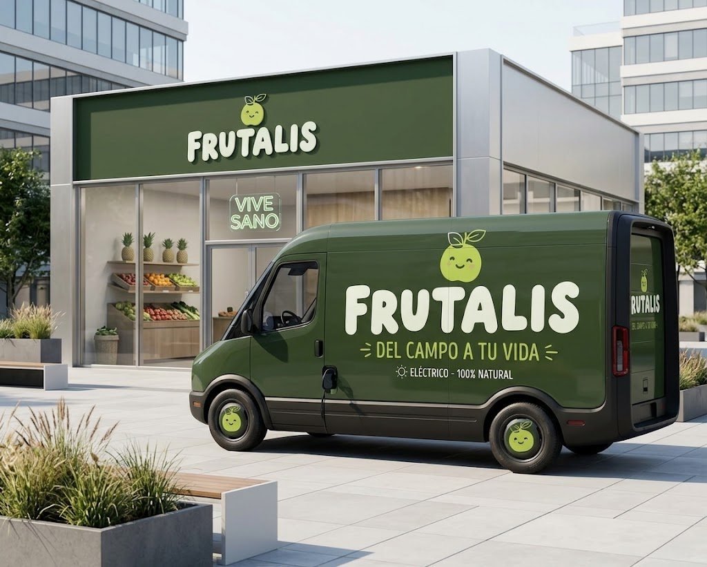 Identidad de Frutalis aplicada a la tienda y a la furgoneta de reparto