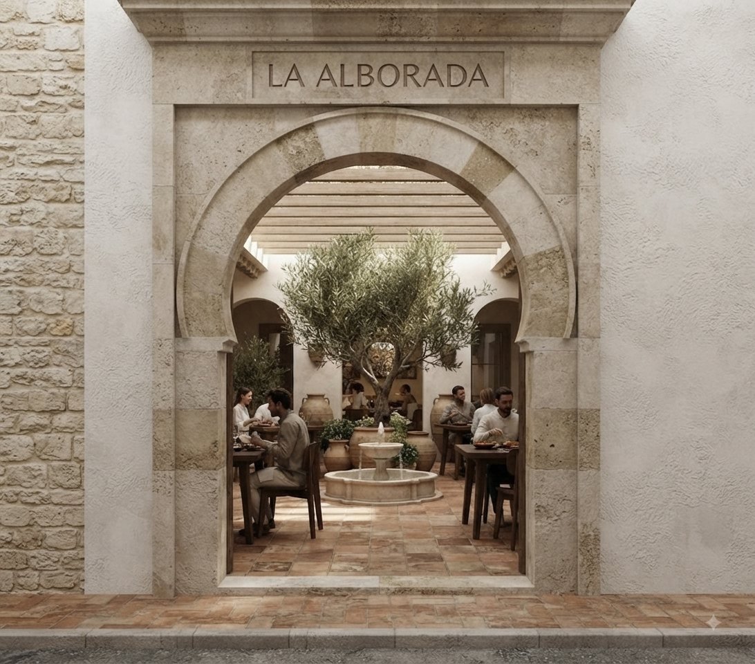 Identidad de La Alborada aplicada a la entrada del restaurante
