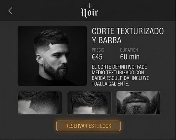 Ficha de corte con precio y duración en la app de Noir Barbería Urbana
